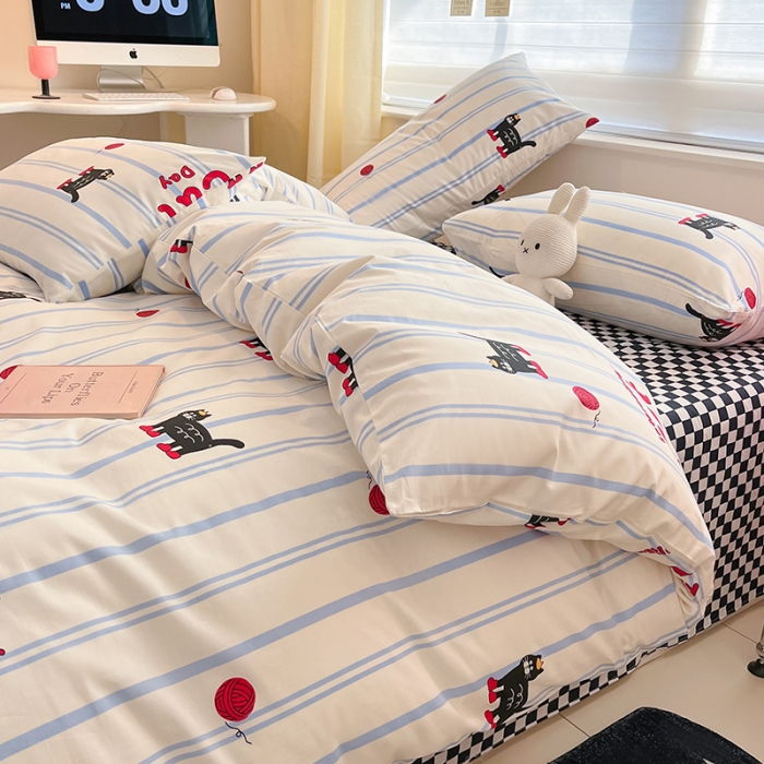 91家纺网 家纺一手货源 找家纺 桃子家居 2024新款纯棉13372粉梦可爱小清新卡通系列四件套 棉-蓝小猫