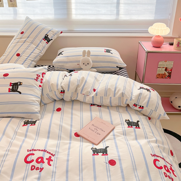 91家纺网 家纺一手货源 找家纺 桃子家居 2024新款纯棉13372粉梦可爱小清新卡通系列四件套 棉-蓝小猫