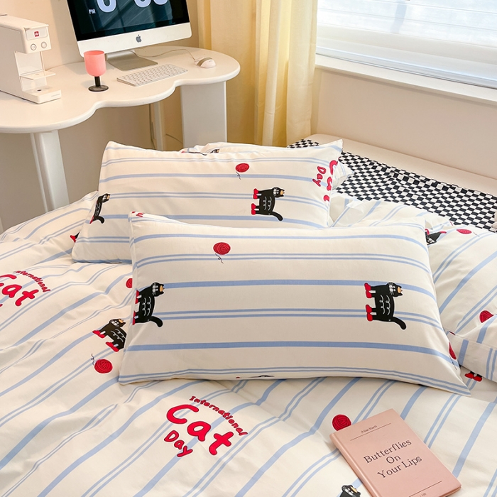 91家纺网 家纺一手货源 找家纺 桃子家居 2024新款纯棉13372粉梦可爱小清新卡通系列四件套 棉-蓝小猫