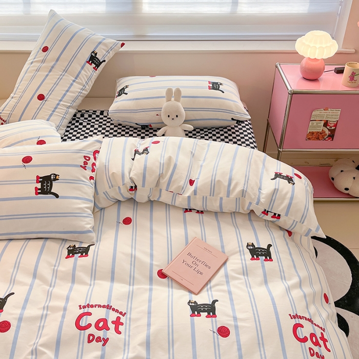 91家纺网 家纺一手货源 找家纺 桃子家居 2024新款纯棉13372粉梦可爱小清新卡通系列四件套 棉-蓝小猫