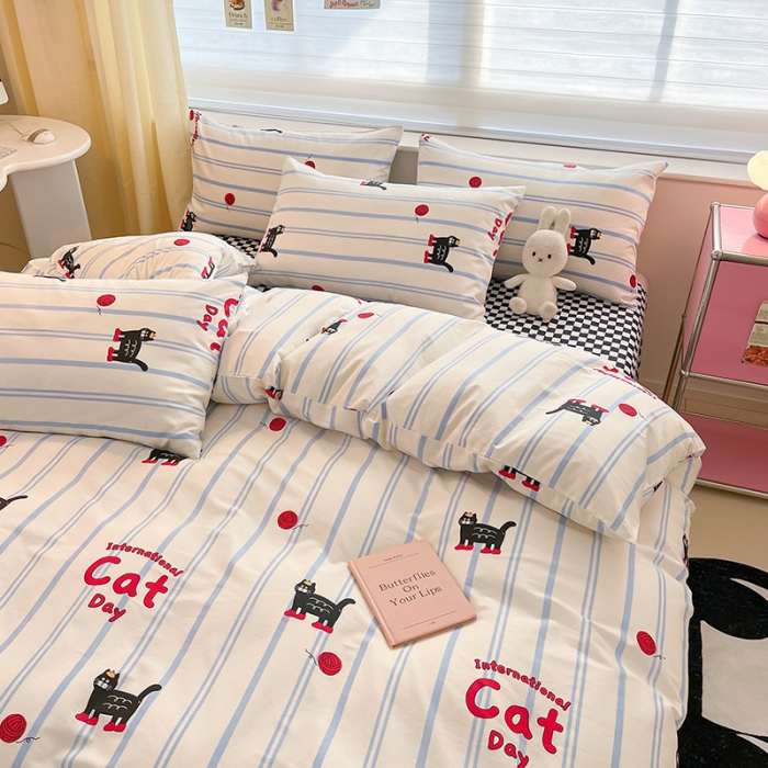 91家纺网 家纺一手货源 找家纺 桃子家居 2024新款纯棉13372粉梦可爱小清新卡通系列四件套 棉-蓝小猫