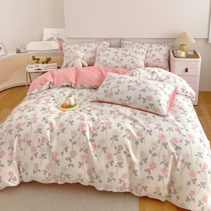 91家纺网 家纺一手货源 找家纺 洺兰家居 2025新款13372全棉四件套复古玫瑰