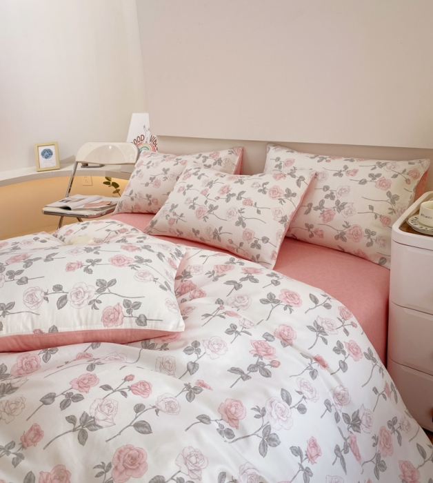 91家纺网 家纺一手货源 找家纺 洺兰家居 2025新款13372全棉四件套复古玫瑰