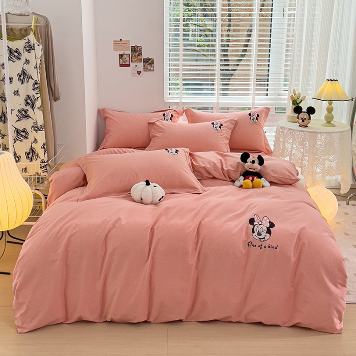 91家纺网 家纺一手货源 找家纺 慕尚家纺 2025新款迪士尼全棉磨毛刺绣系列四件套 米妮桃粉