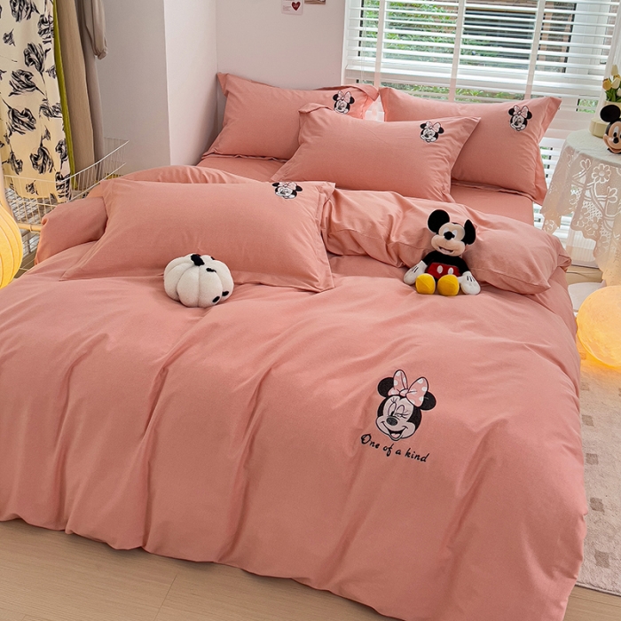 91家纺网 家纺一手货源 找家纺 慕尚家纺 2025新款迪士尼全棉磨毛刺绣系列四件套 米妮桃粉