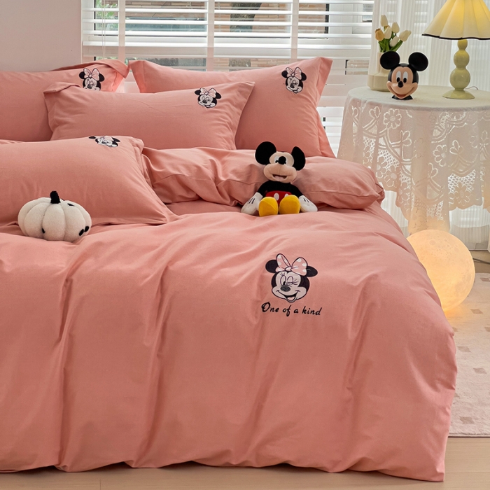 91家纺网 家纺一手货源 找家纺 慕尚家纺 2025新款迪士尼全棉磨毛刺绣系列四件套 米妮桃粉