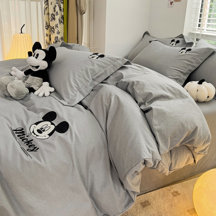 91家纺网 家纺一手货源 找家纺 慕尚家纺 2025新款迪士尼全棉磨毛刺绣系列四件套 米奇灰