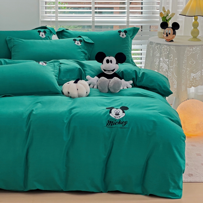 91家纺网 家纺一手货源 找家纺 慕尚家纺 2025新款迪士尼全棉磨毛刺绣系列四件套 米奇墨绿