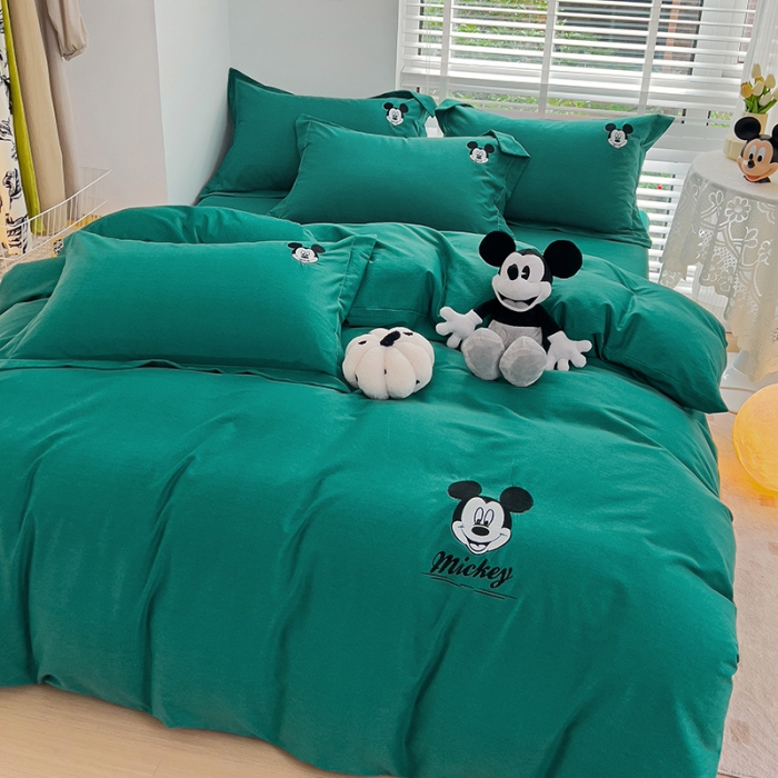 91家纺网 家纺一手货源 找家纺 慕尚家纺 2025新款迪士尼全棉磨毛刺绣系列四件套 米奇墨绿