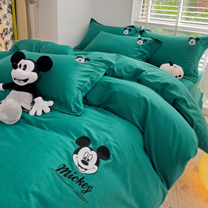 91家纺网 家纺一手货源 找家纺 慕尚家纺 2025新款迪士尼全棉磨毛刺绣系列四件套 米奇墨绿