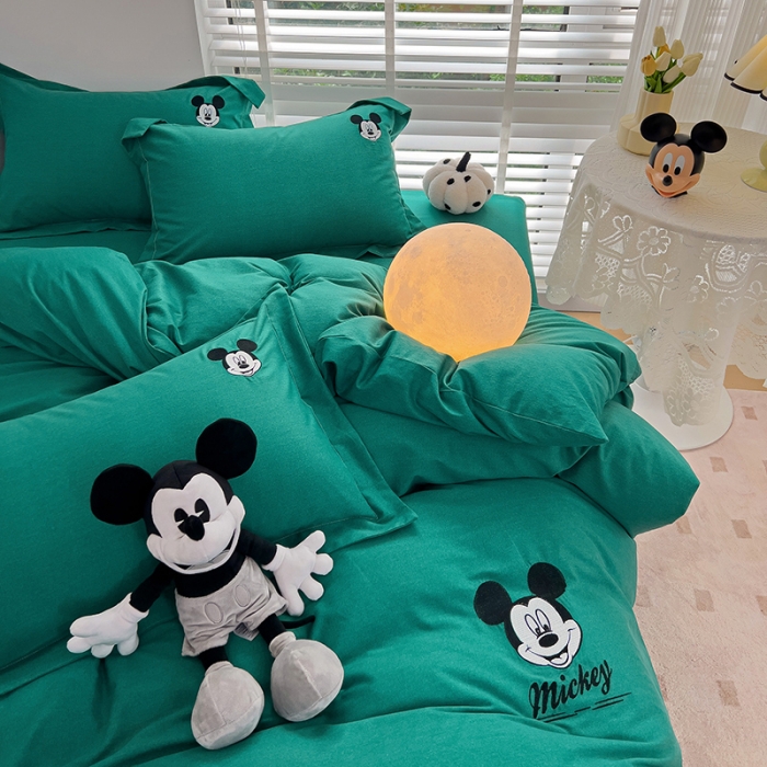 91家纺网 家纺一手货源 找家纺 慕尚家纺 2025新款迪士尼全棉磨毛刺绣系列四件套 米奇墨绿