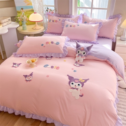 91家纺网 家纺一手货源 找家纺 （总）雨菲家纺 2025新款水洗棉韩版荷叶花边毛巾绣四件套