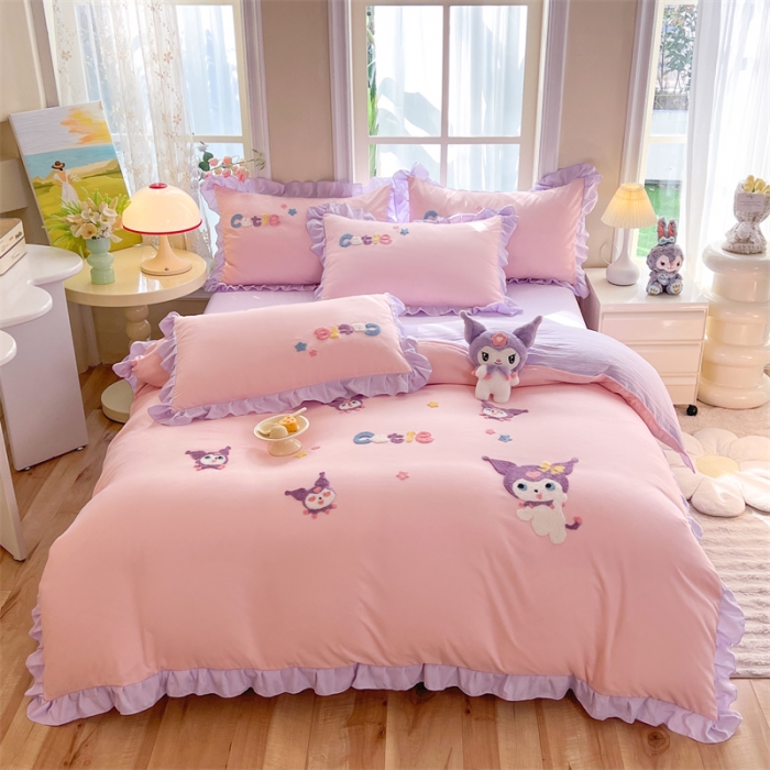 91家纺网 家纺一手货源 找家纺 （总）雨菲家纺 2025新款水洗棉韩版荷叶花边毛巾绣四件套