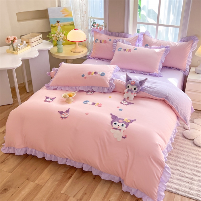 91家纺网 家纺一手货源 找家纺 （总）雨菲家纺 2025新款水洗棉韩版荷叶花边毛巾绣四件套