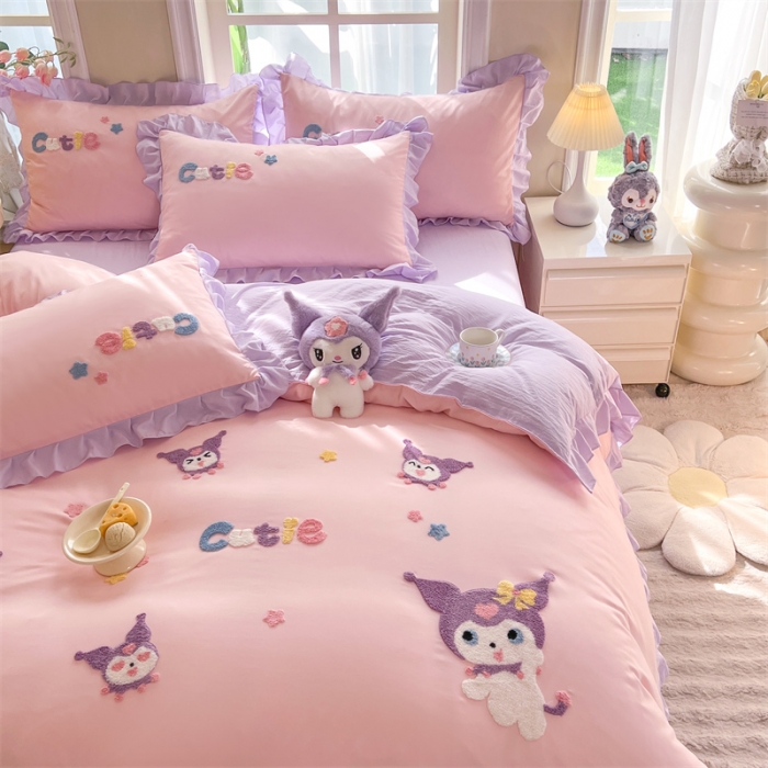 91家纺网 家纺一手货源 找家纺 （总）雨菲家纺 2025新款水洗棉韩版荷叶花边毛巾绣四件套