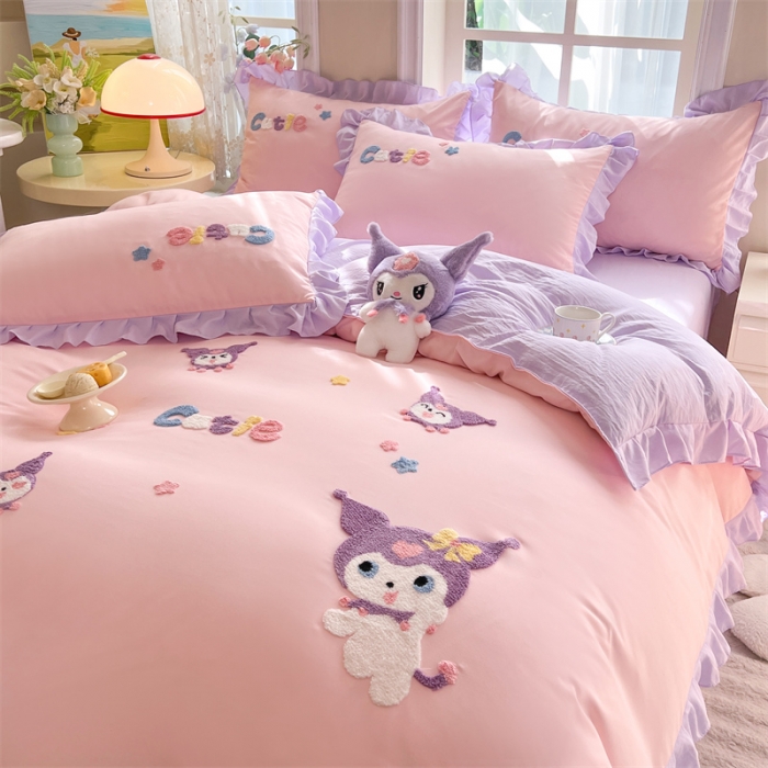 91家纺网 家纺一手货源 找家纺 （总）雨菲家纺 2025新款水洗棉韩版荷叶花边毛巾绣四件套