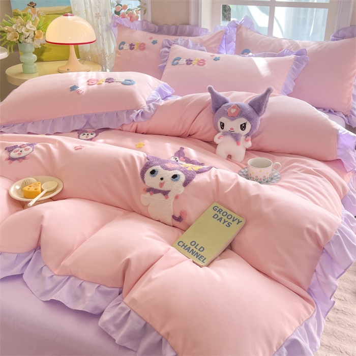 91家纺网 家纺一手货源 找家纺 （总）雨菲家纺 2025新款水洗棉韩版荷叶花边毛巾绣四件套