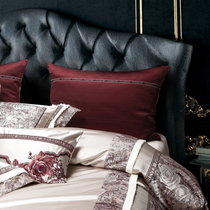 91家纺网 家纺一手货源 找家纺 （总）至爱今生 新款A版140支色织锦缎多件套罗马印记-紫酱红