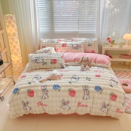 91家纺网 家纺一手货源 找家纺 爱家（原缔乐家纺） 2024新款卡通印花兔绒四件套 可爱兔