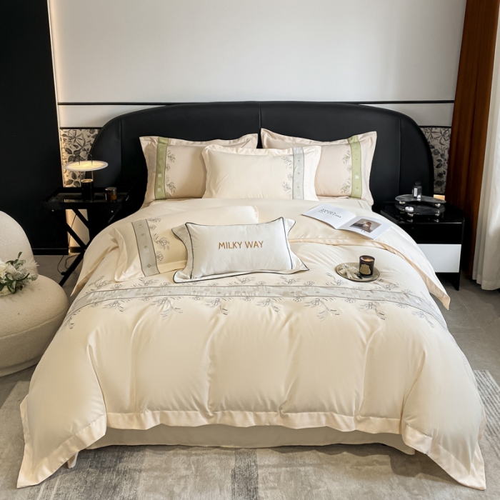 91家纺网 家纺一手货源 找家纺 欧冠 2024四季款新品刺绣绣花款锦绣棉爱莎四件套艾莎-米黄