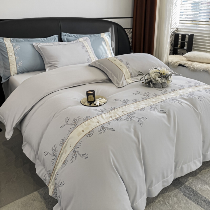 91家纺网 家纺一手货源 找家纺 欧冠 2024四季款新品刺绣绣花款锦绣棉爱莎四件套艾莎-浅灰