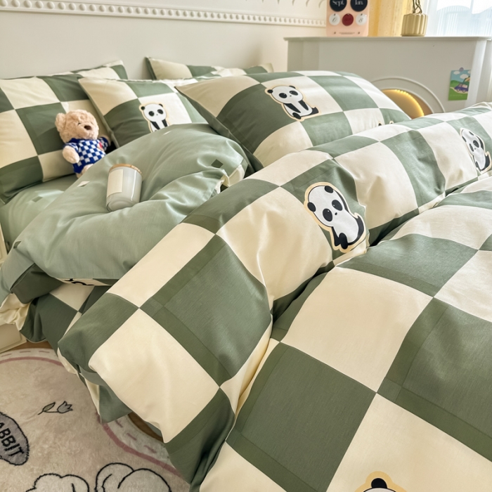 91家纺网 家纺一手货源 找家纺 简宜家居 2025新款40支13070纯棉花卉系列四件套 格子熊猫