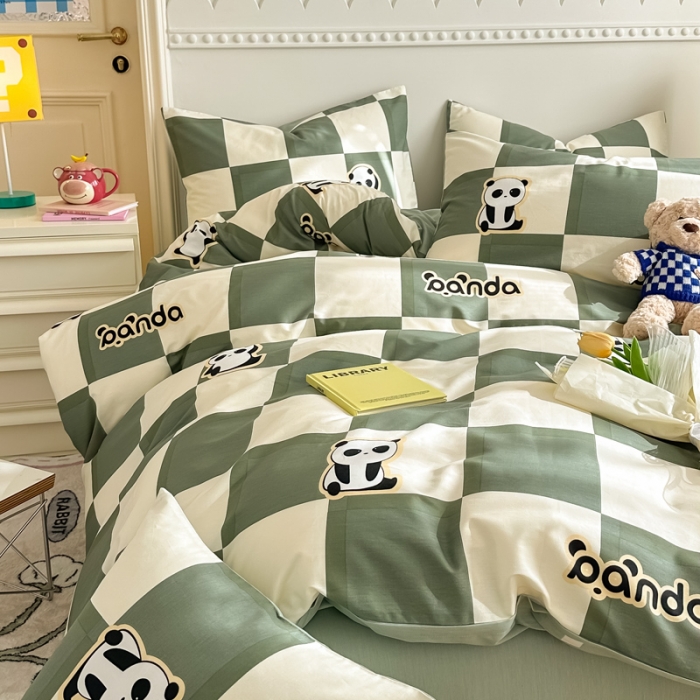 91家纺网 家纺一手货源 找家纺 简宜家居 2025新款40支13070纯棉花卉系列四件套 格子熊猫