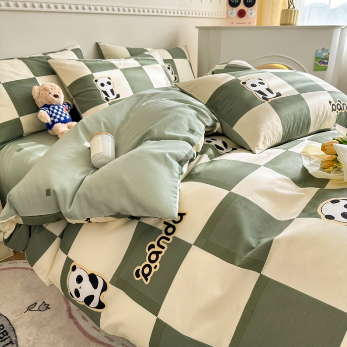 91家纺网 家纺一手货源 找家纺 简宜家居 2025新款40支13070纯棉花卉系列四件套 格子熊猫