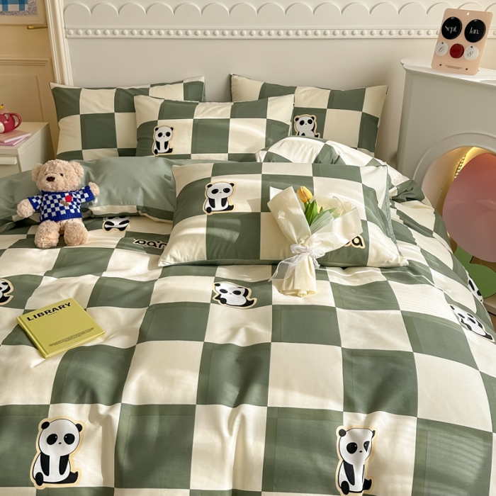 91家纺网 家纺一手货源 找家纺 简宜家居 2025新款40支13070纯棉花卉系列四件套 格子熊猫