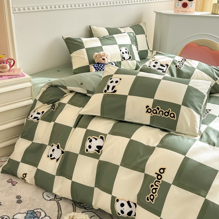 91家纺网 家纺一手货源 找家纺 简宜家居 2025新款40支13070纯棉花卉系列四件套 格子熊猫