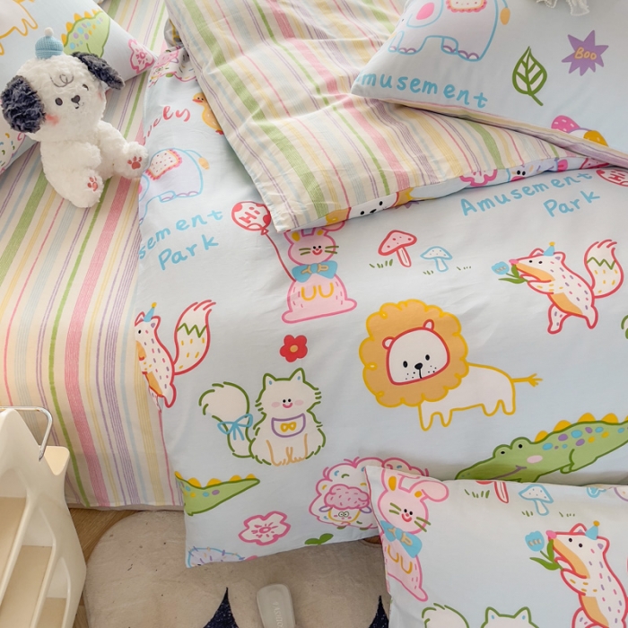 91家纺网 家纺一手货源 找家纺 简宜家居 2025新款40支13070纯棉卡通系列四件套 动物乐园