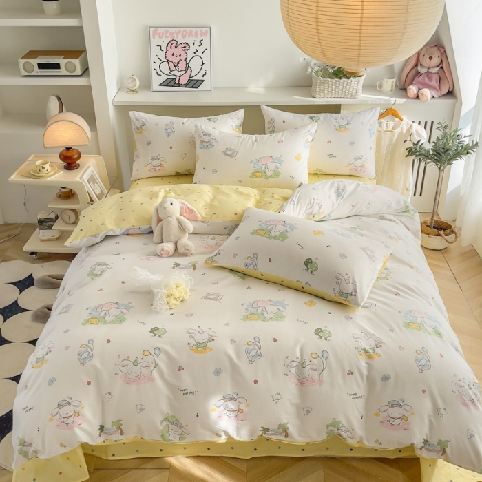 91家纺网 家纺一手货源 找家纺 简宜家居 2025新款40支13070纯棉卡通系列四件套 乐宠米黄