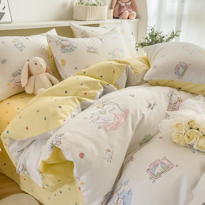 91家纺网 家纺一手货源 找家纺 简宜家居 2025新款40支13070纯棉卡通系列四件套 乐宠米黄