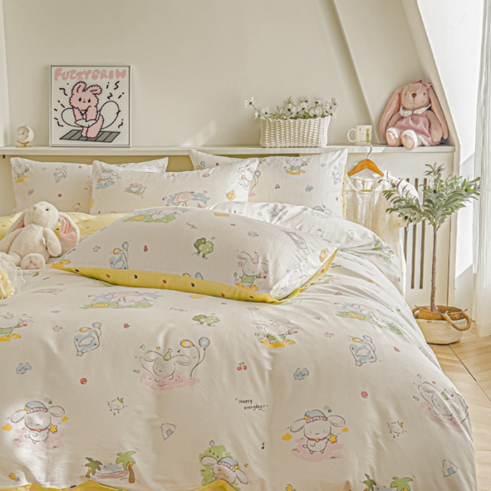 91家纺网 家纺一手货源 找家纺 简宜家居 2025新款40支13070纯棉卡通系列四件套 乐宠米黄