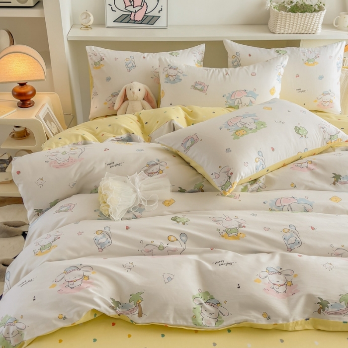 91家纺网 家纺一手货源 找家纺 简宜家居 2025新款40支13070纯棉卡通系列四件套 乐宠米黄