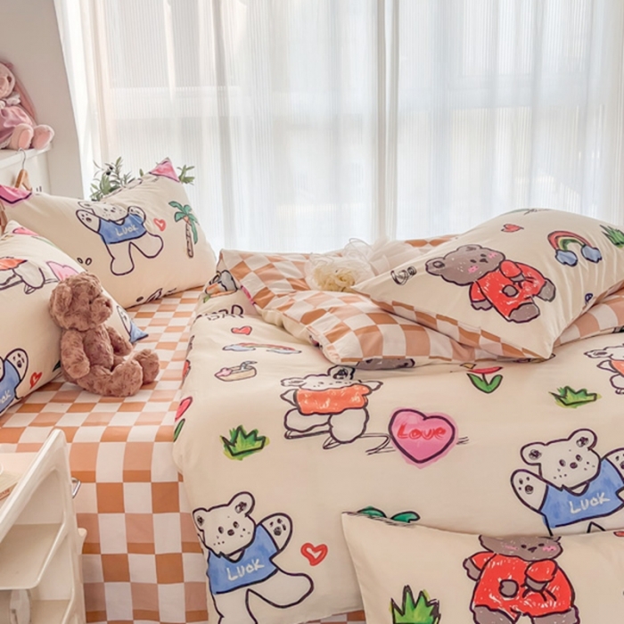 91家纺网 家纺一手货源 找家纺 简宜家居 2025新款40支13070纯棉卡通系列四件套 趣味小熊