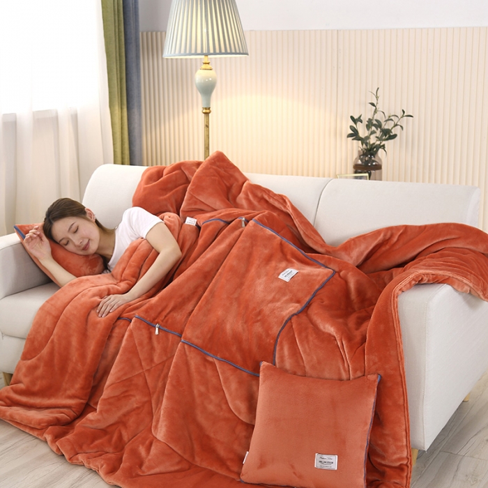 91家纺网 家纺一手货源 找家纺 照世家纺 2024新款牛奶绒贴布绣抱枕被 活力橙