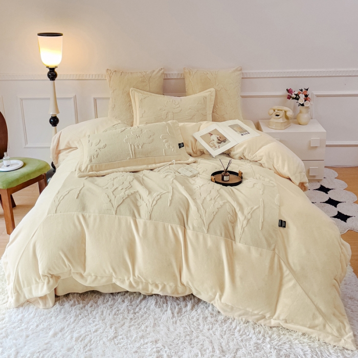 91家纺网 家纺一手货源 找家纺 品家居 2025新款AB版高克重兔绒牛奶绒四件套-花絮 花絮-黄色