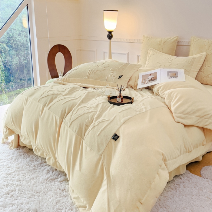 91家纺网 家纺一手货源 找家纺 品家居 2025新款AB版高克重兔绒牛奶绒四件套-花絮 花絮-黄色