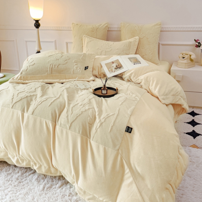 91家纺网 家纺一手货源 找家纺 品家居 2025新款AB版高克重兔绒牛奶绒四件套-花絮 花絮-黄色