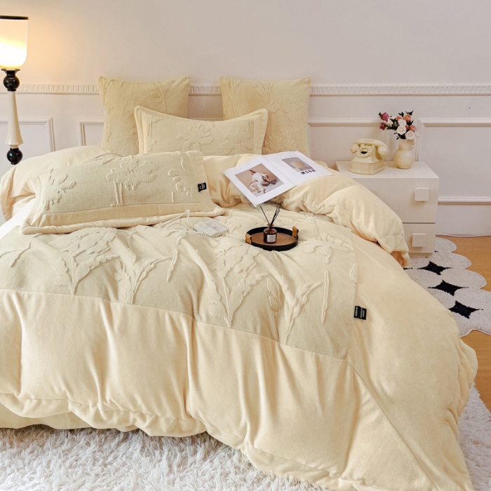 91家纺网 家纺一手货源 找家纺 品家居 2025新款AB版高克重兔绒牛奶绒四件套-花絮 花絮-黄色