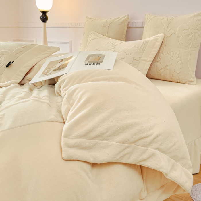 91家纺网 家纺一手货源 找家纺 品家居 2025新款AB版高克重兔绒牛奶绒四件套-花絮 花絮-黄色