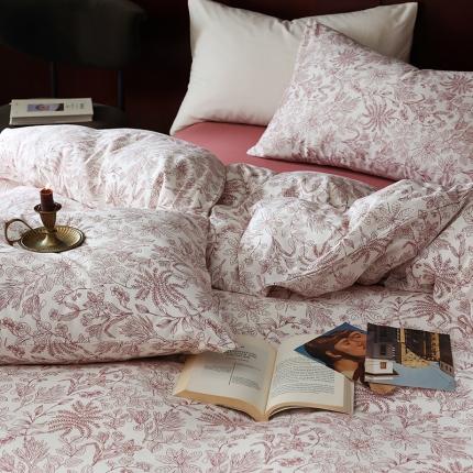 91家纺网 家纺一手货源 找家纺 绫韵家纺 2024春夏全棉针织棉软绵绵纯棉碎花系列四件套 枝秋红