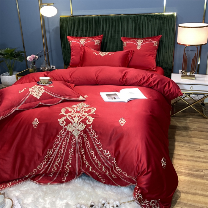 91家纺网 家纺一手货源 找家纺 宅家居 2024新款60S支贡缎臻品真丝婚庆卡瑞娜四件套 卡瑞娜-大红