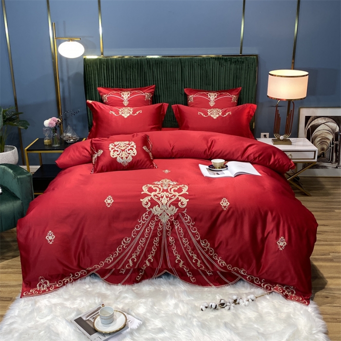 91家纺网 家纺一手货源 找家纺 宅家居 2024新款60S支贡缎臻品真丝婚庆卡瑞娜四件套 卡瑞娜-大红