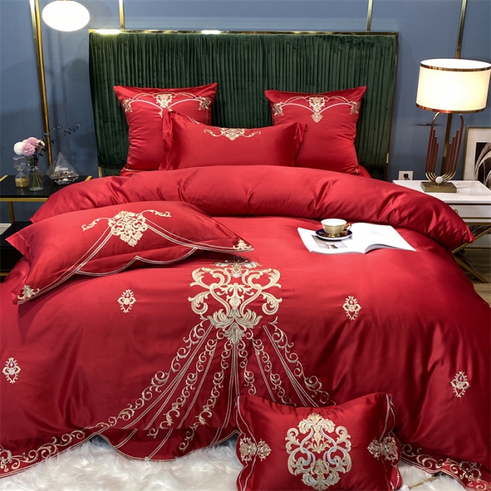 91家纺网 家纺一手货源 找家纺 宅家居 2024新款60S支贡缎臻品真丝婚庆卡瑞娜四件套 卡瑞娜-大红