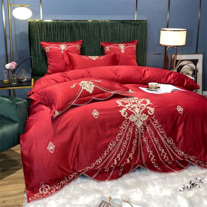 91家纺网 家纺一手货源 找家纺 宅家居 2024新款60S支贡缎臻品真丝婚庆卡瑞娜四件套 卡瑞娜-大红