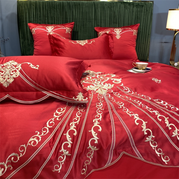 91家纺网 家纺一手货源 找家纺 宅家居 2024新款60S支贡缎臻品真丝婚庆卡瑞娜四件套 卡瑞娜-大红