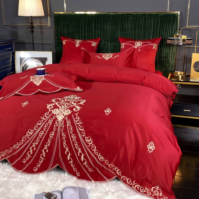 91家纺网 家纺一手货源 找家纺 宅家居 2024新款60S支贡缎臻品真丝婚庆卡瑞娜四件套卡瑞娜-大红2