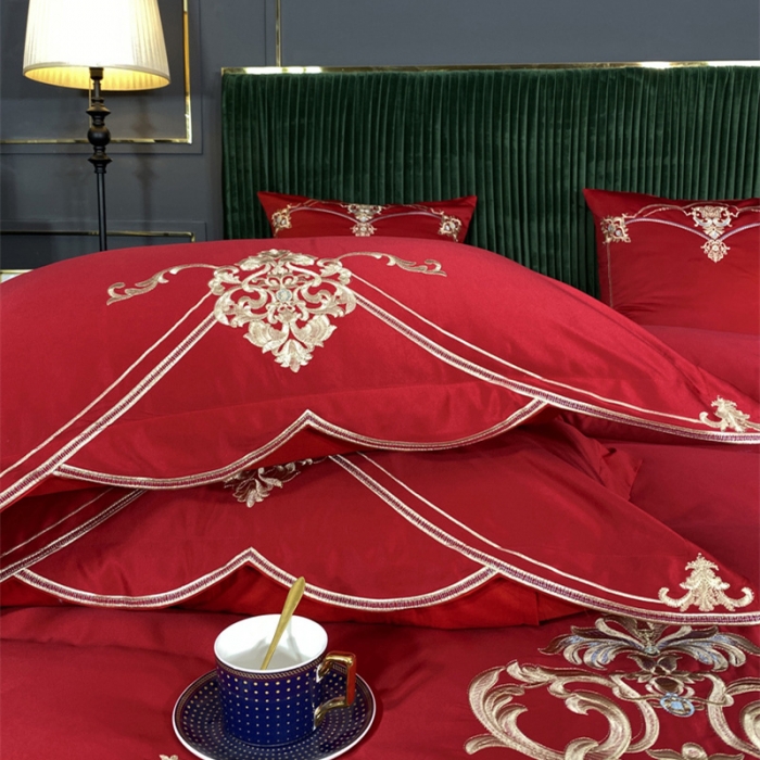 91家纺网 家纺一手货源 找家纺 宅家居 2024新款60S支贡缎臻品真丝婚庆卡瑞娜四件套卡瑞娜-大红2